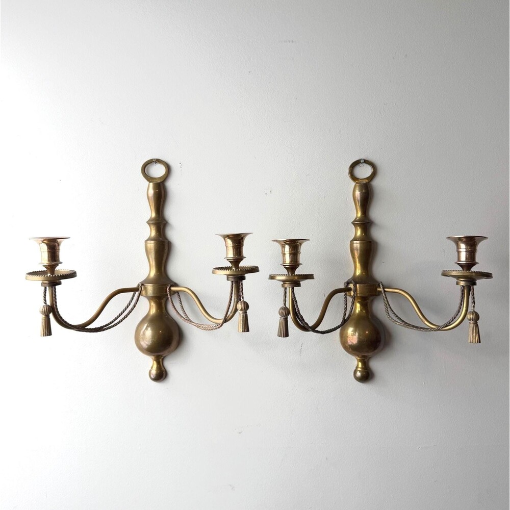 Pair of Vintage Brass Double Arm Candle Sconces Braided Rope Tassel Design